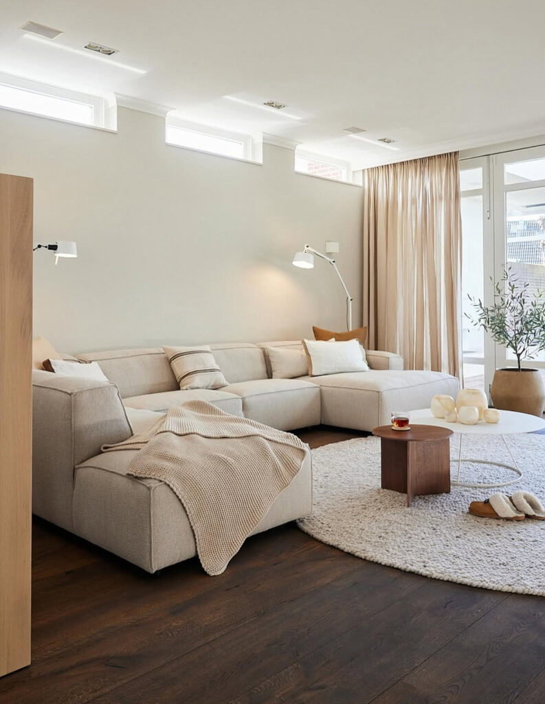 Lichte woonkamer inspiratie met donkere houten vloer